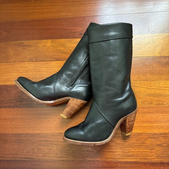 Frye Black Leather Stacked Heel Boots Vintage 1970s - Picture 6 of 14